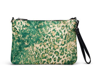 Green Amethyst Crossbody Bag, Green Golden Hue Leopard Purse, Vibrant Animal Print Bag, Cheetah Leather Wristlet Side Bag Accessory Clutch