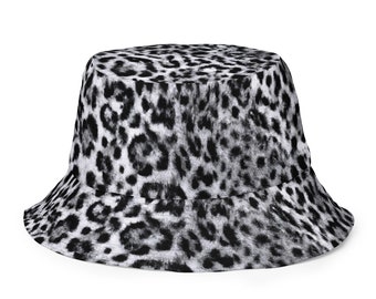 White Leopard Print Bucket Hat, Party Hat, Black and White Animal Print Hat, Rave Wear, Two-Sided Reversible Moisture-Wicking Bucket Hat