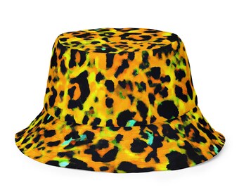 Aposematic Leopard Bucket Hat, Psychedelic Leopard Bucket Hat, Reversible Moisture-Wicking Bucket Hat, Rave Hat, Funky Festival Bucket Hat