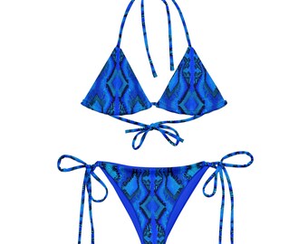 Vibrant Animal Print String Bikini, Blue Aztec Snake Skin Swimwear, Triangle Tie Top, Matching Set, Sizes 2XS-6XL, Bright Two Piece Swimsuit