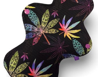 Compresa menstrual de tela reutilizable / Compresa menstrual ecológica / Compresa posparto de tela / Estampado de hojas de cannabis arcoíris