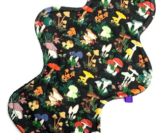 Custom Reusable Period Pad | Cloth Menstrual Pad Eco Friendly | Postpartum Pad |  Multicolored Mushrooms on Black