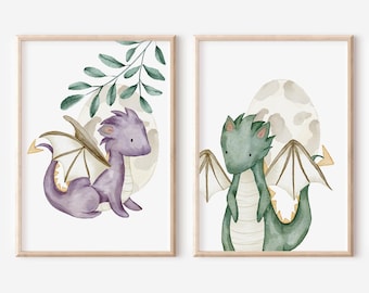 Simply Dragons - Art Print Set of 2 - Dragon Eggs with Cute Little Dragons