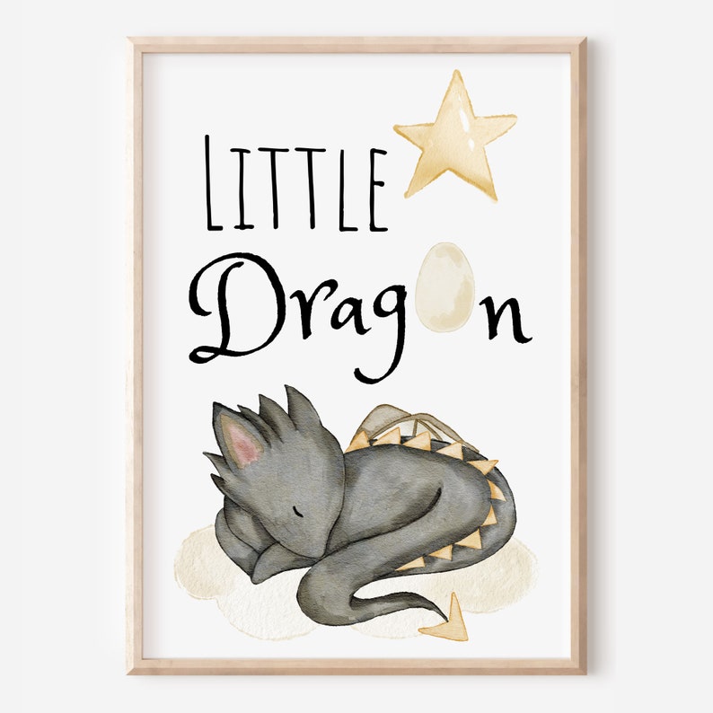 May include: A watercolour illustration of a sleeping grey dragon with a gold star and egg above it. The text "LITTLE Dragon" is written in black cursive.