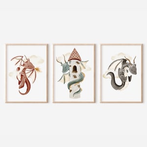 Kids Dragon Art, Dragon Theme Nursery Poster Set, Printable Dragon Decor, Dragon Boy Room, Girl Dragon Wall Art, Dragon Poster, Baby Dragon