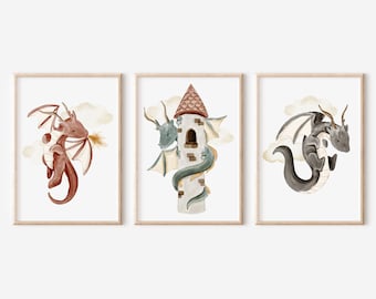 Kids Dragon Art, Dragon Theme Nursery Poster Set, Printable Dragon Decor, Dragon Boy Room, Girl Dragon Wall Art, Dragon Poster, Baby Dragon