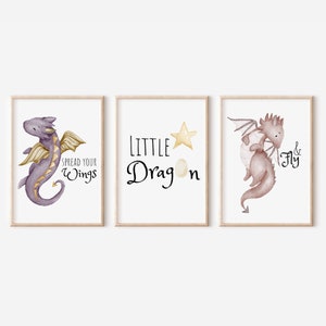 Dragon Watercolor Print Set of 3 for a Dragon Nursery or Fantasy Boy and Girl Room. Cute Flying Baby Dragons. Mystical Decor Print for Baby