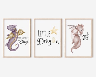 Dragon Watercolor Print Set of 3 for a Dragon Nursery or Fantasy Boy and Girl Room. Cute Flying Baby Dragons. Mystical Decor Print for Baby