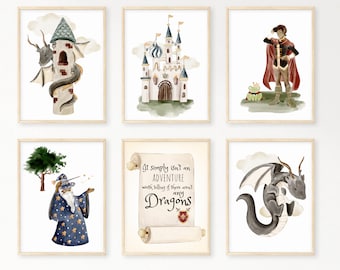 Dragon Nursery, Fantasy Nursery Decor, Boy Fairytale Art, Medieval Dragon Adventure Wall Art, Printable Kids Dragon Poster, Adventure Room