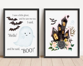 Cute Ghost Printable and Haunted Mansion Art - Halloween Wall Art Set of 2