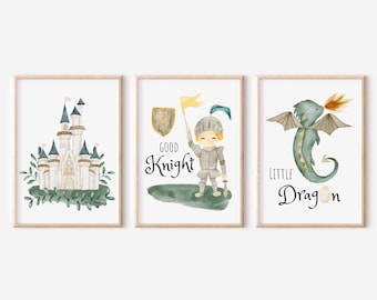 Good Knight Little Dragon Kinderzimmer Dekor. Märchenhafte Ritter Kinderzimmer Drucke. Baby Drachen Kinderzimmer. Kinder Burg Wandkunst. Smaragdgrünes Kinderzimmer.