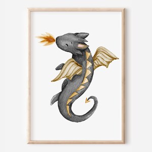May include: A watercolour illustration of a cute, grey dragon with gold wings and fire coming out of its mouth.