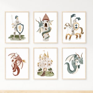Boy Nursery Dragon Prints, Set of 6, Boys Room Decor, Dragon Knight Castle Wall Art, Printable Dragon Nursery Watercolor, Baby Boy Dragons