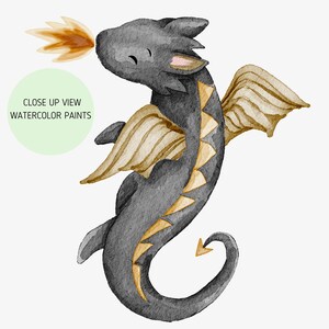 May include: A watercolour painting of a black dragon with gold wings and a yellow flame coming out of its mouth. The dragon is curled up in a circle with its tail pointing up.