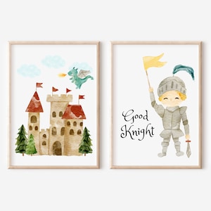 Good Knight Castle and Dragon Painting. Knight Nursery Set of 2 Watercolor Prints. Fairytale Castle and Baby Dragon Artwork. Boy Room Decor