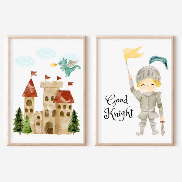 Good Knight Castle and Dragon Painting. Knight Nursery Set of 2 Watercolor Prints. Fairytale Castle and Baby Dragon Artwork. Boy Room Decor