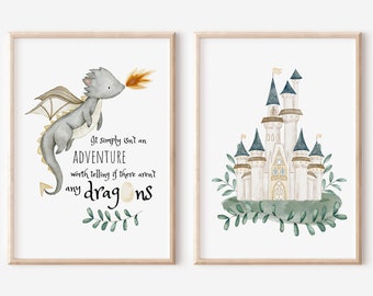 Adventure Dragon Painting with Fairy Tale Castle Set of 2 Prints. Emerald Green Castle Nursery Wall Art. Cozy Neutral Grey Dragon Decor.
