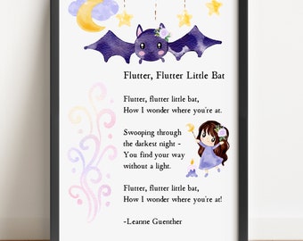 Flutter, Flutter Little Bat Song - Cute bat nursery art - Kawaii Baby Bat Print