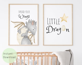 Dragon Art - Drago carino che sbircia al bambino sopra una culla. Stampa d'arte per l'arredamento della stanza del ragazzo o della ragazza delle fiabe. Set di 2.