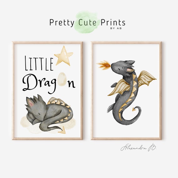 Dragon Nursery Prints. Little Black Dragon Artwork. Baby Boy Room Decor. Neutral Nursery. Fantasy Nursery Decor. Little Dragon Egg Painting.