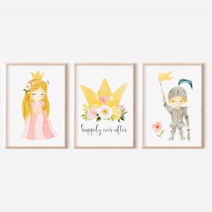 Happily Ever After Princess with Knight. Royal Flower Crown Decor. Pink Baby Girl Princess Nursery Art. Fairytale Art Prints.