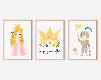 Princesa feliz para siempre con Knight. Decoración de la corona de flores reales. Arte de guardería de la princesa niña rosa. Grabados de arte de cuento de hadas.