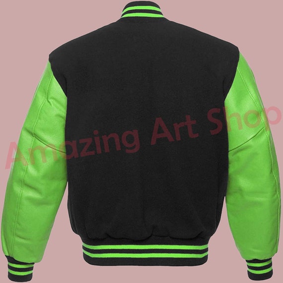 AmazingArtStoreCo Varsity Letterman Baseball Jacket(Green Wool and White Color Leather Sleeves)Fashion Jacket,Bomber Jacket
