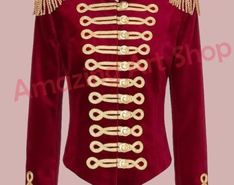 Women Military Gothic Red Hussar Officer Jacket/Coat With Golden Braid,Fashion Blazer