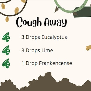 Könnte beinhalten: Eine grüne, braune und weiße Illustration mit einem Tukan, einem Faultier, einer Giraffe und Blättern. Der Text "Cough Away" ist in Schwarz geschrieben. Der Text darunter lautet "3 Drops Eucalyptus", "3 Drops Lime" und "1 Drop Frankincense".