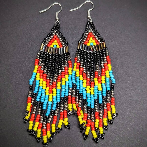 Handmade Native American Style Earrings, Ethnic Beaded Earrings, Long Fringe Earrings, Crystal Stone Bead Earrings