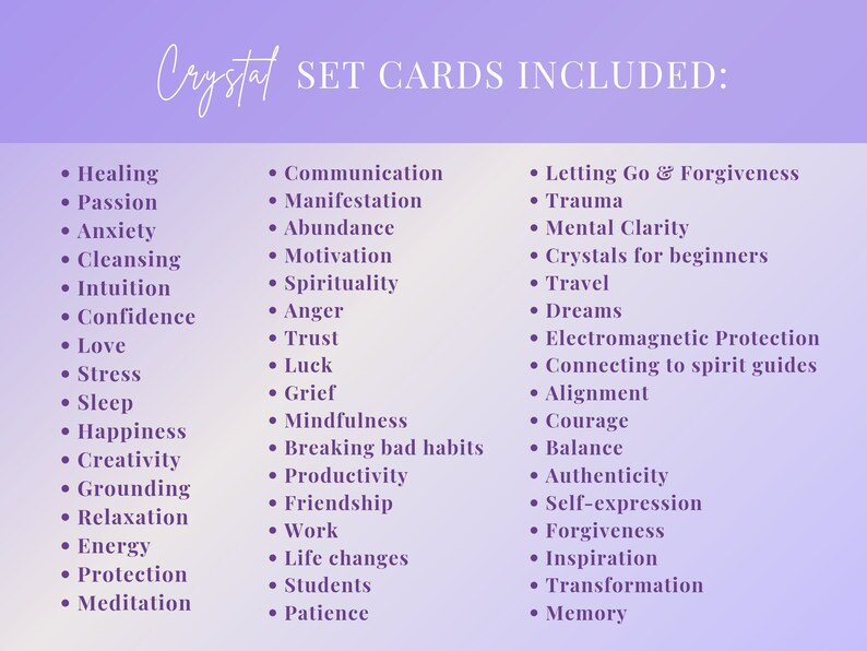 May include: A list of topics on a lavender background, including "Healing," "Passion," and "Anxiety." The text "Crystal SET CARDS INCLUDED:" is at the top. Other topics include "Communication," "Manifestation," and "Abundance."