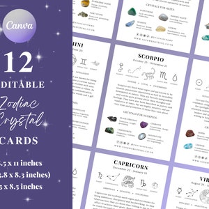 12 Cartas de Cristais do Zodíaco, Cartas do Zodíaco para Imprimir, Cartas dos Signos do Zodíaco, Cartas com Informações sobre Cristais, Cartas com Significados dos Cristais, Propriedades dos Cristais
