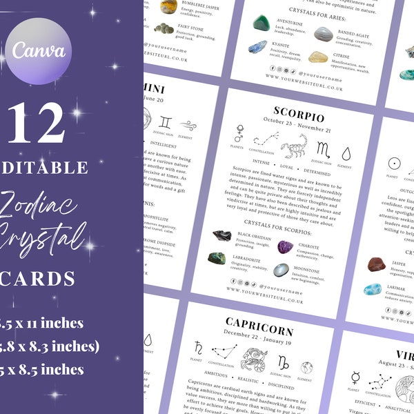 12 Zodiac Crystal Cards, Printable Zodiac Cards, Zodiac Sign Cards, Crystal Information Cards, Crystal Meaning Cards, Crystal Properties