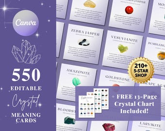 550 Crystal Meaning Cards: Printable Gemstone Guide (JPG & Canva Template)