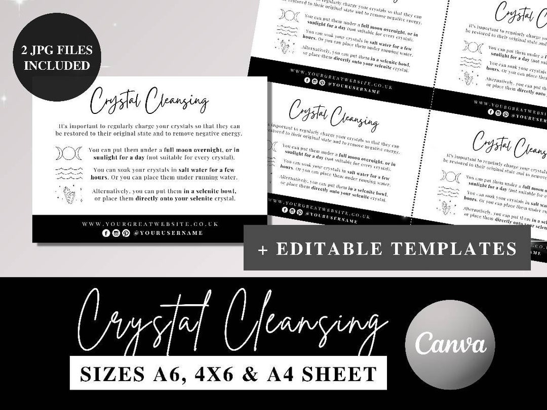 Editable Crystal Insert Cards, Crystal Cleansing Card, Crystal Guide ...