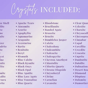 May include: A list of crystals, including Abalone Shell, Amethyst, and Clear Quartz, is displayed on a gradient purple background. The words "Crystals INCLUDED:" are written in a cursive font at the top of the image.