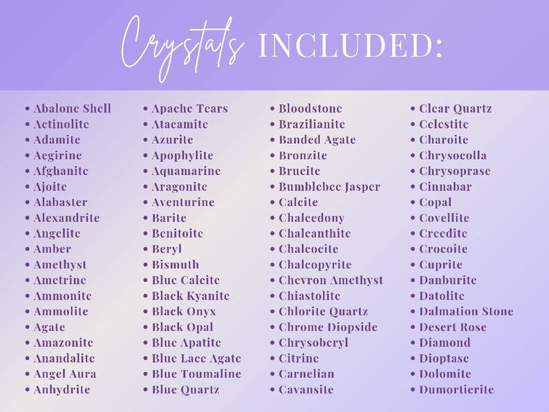 May include: A list of crystals, including Abalone Shell, Amethyst, and Clear Quartz, is displayed on a gradient purple background. The words "Crystals INCLUDED:" are written in a cursive font at the top of the image.