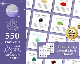 550 Crystal Meaning Cards: Printable Gemstone Guide (Canva Template)