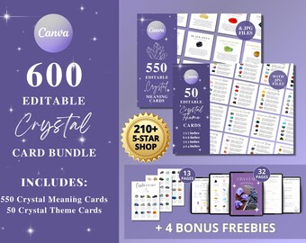 600 Crystal Meaning Cards: Printable Gemstone Guide (JPG & Canva Template)