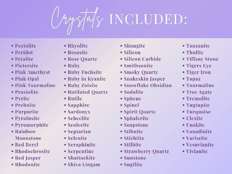 May include: A list of crystals, including Pectolite, Peridot, and Pink Amethyst, is displayed on a gradient purple background. The title "Crystals INCLUDED" is written in a cursive font at the top. The list contains over 50 different crystals.