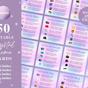 May include: A set of 50 editable crystal theme cards with JPG files. The cards are in various sizes, including 7x7, 6x6, 5x5, and 4x4 inches. The cards feature text and images of crystals, with titles like "Crystals for Relaxation" and "Crystals for Motivation".