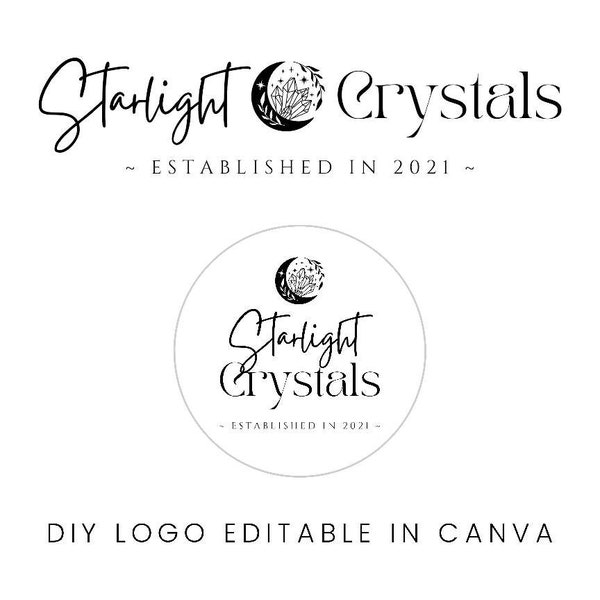 Crystal Logo, Moon Logo, Celestial Logo, Spiritual Logo, Crystal Branding, Premade Logo Canva, Script Logo, Feminine Logo, Editable DIY Logo