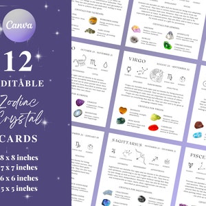 12 cartas de cristales del zodíaco, cartas imprimibles del zodíaco, cartas de signos del zodíaco, cartas con información sobre cristales, cartas con significado de los cristales, propiedades de los cristales