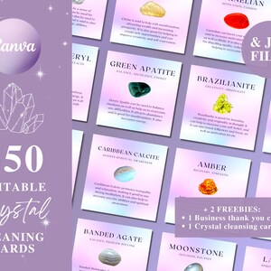 May include: A collection of 550 editable crystal meaning cards with various gemstones, including Green Apatite and Brazilianite. The cards are on a light purple background with the text "Crystal Meaning Cards". Includes free business thank you and crystal cleansing cards.