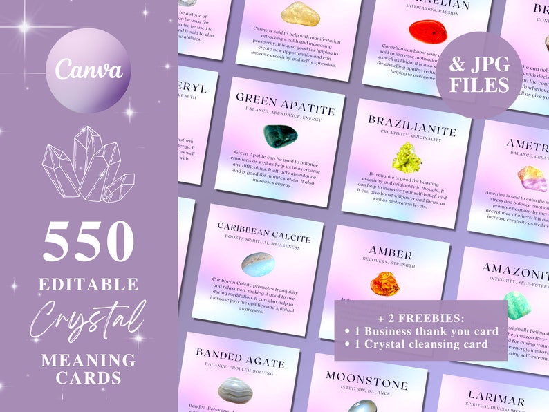 May include: A collection of 550 editable crystal meaning cards with various gemstones, including Green Apatite and Brazilianite. The cards are on a light purple background with the text "Crystal Meaning Cards". Includes free business thank you and crystal cleansing cards.