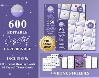 600 Crystal Meaning Cards: Printable Gemstone Guide (JPG & Canva Template)