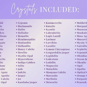 May include: A list of crystals, including Emerald, Garnet, and Moonstone, is displayed on a gradient purple background. The title "Crystals INCLUDED:" is written in a cursive font at the top. The list is organized in bullet points.
