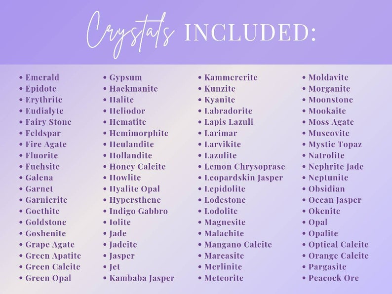 May include: A list of crystals, including Emerald, Garnet, and Moonstone, is displayed on a gradient purple background. The title "Crystals INCLUDED:" is written in a cursive font at the top. The list is organized in bullet points.