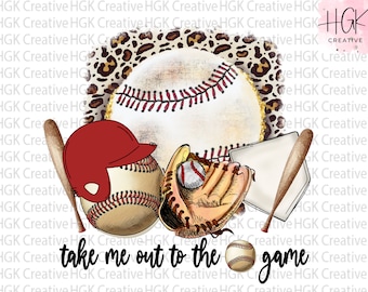 May include: A baseball-themed design with a baseball, bat, glove, and a red baseball cap. The design is surrounded by a leopard print pattern and the text "take me out to the game".