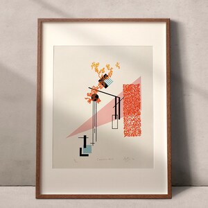 May include: A framed abstract art print with geometric shapes and a pink and orange color scheme. The print is titled "Composition 401".